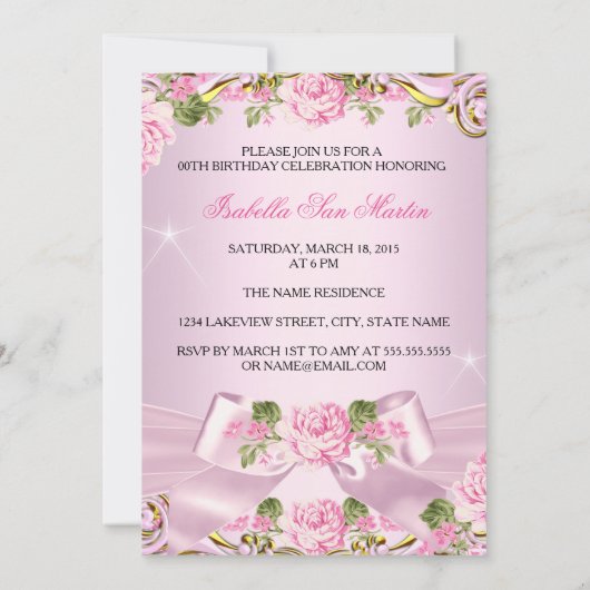 プリンセス赤面ピンクローゼス金ゴールドバースデーパーティー 招待状 (裏面)