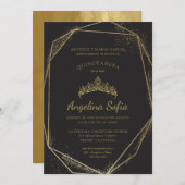プリンセス金ゴールドグリッターティアラキンセアニェラ 招待状 (正面/裏面)