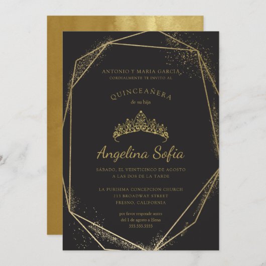 プリンセス金ゴールドグリッターティアラキンセアニェラ 招待状 (正面/裏面)