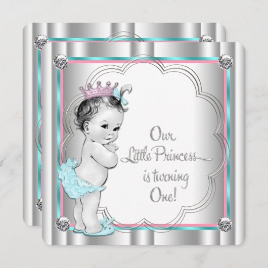 プリンセス1歳の誕生日パーティー 招待状 (正面/裏面)