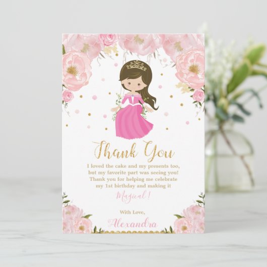 プリンセス1stファースト誕生日ピンク赤面フローラ サンキューカード (スタンド正面)