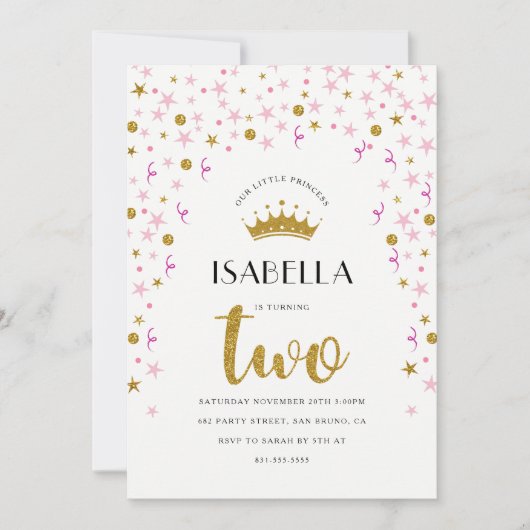 プリンセス2歳の誕生日|金ゴールドとピンクの紙吹雪 招待状 (正面)