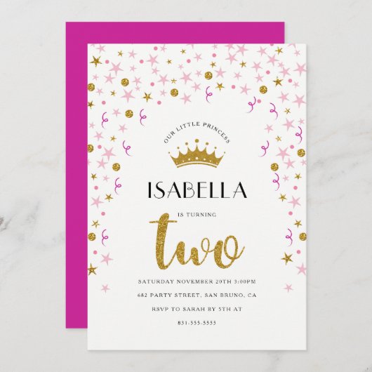 プリンセス2歳の誕生日|金ゴールドとピンクの紙吹雪 招待状 (正面/裏面)