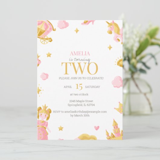 プリンセス2nd誕生日招待状 – ピンク&金ゴールド 招待状 (スタンド正面)