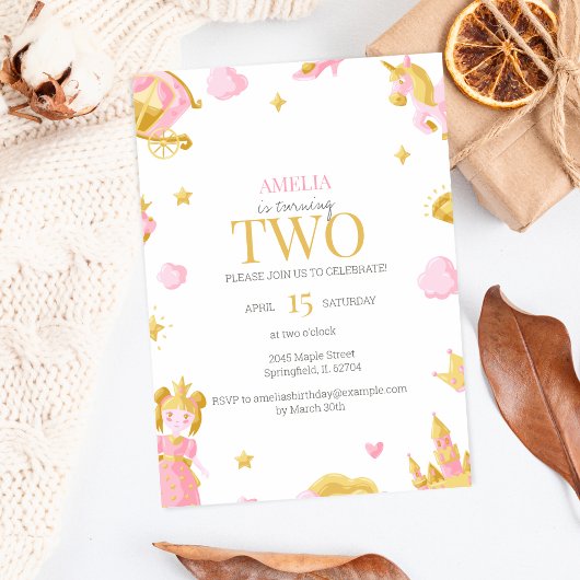 プリンセス2nd誕生日招待状 – ピンク&金ゴールド 招待状