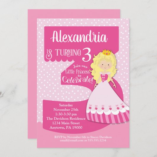 プリンセス3rd誕生日招待状ブロンドガール 招待状 (正面/裏面)