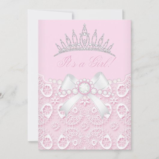 プリンセス ガール ベビーシャワー ピンクレース ダイヤモンド ホワイト 招待状 (正面)