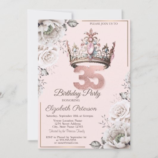 プリンセス クラウン フラワー 35歳の誕生日パーティー 招待状 (正面)