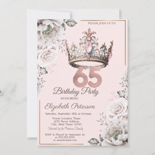 プリンセス クラウン フラワー 65歳の誕生日パーティー 招待状 (正面)