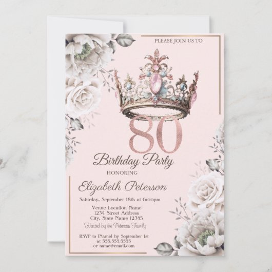 プリンセス クラウン フラワー 80歳の誕生日パーティー 招待状 (正面)