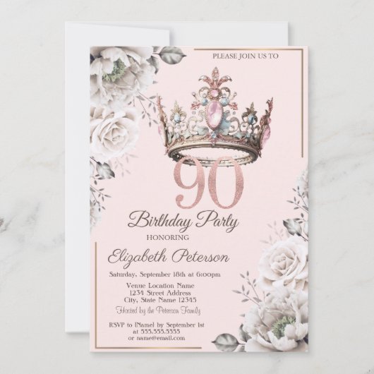 プリンセス クラウン フラワー 90歳の誕生日パーティー 招待状 (正面)
