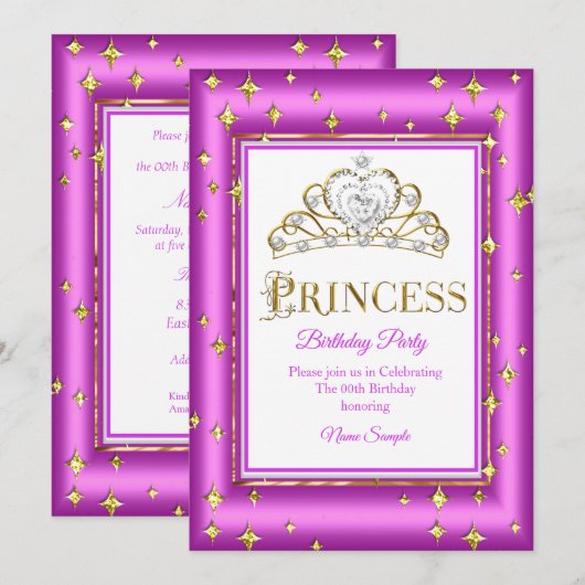 プリンセス ゴールド パープル ピンク 誕生日パーティー 招待状 (正面/裏面)