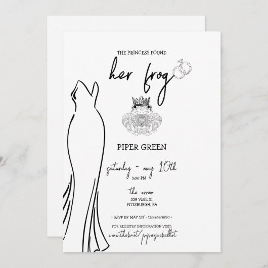 プリンセス&ザフロッグ – B&W -ブライダルシャワー招待状 招待状 (正面/裏面)