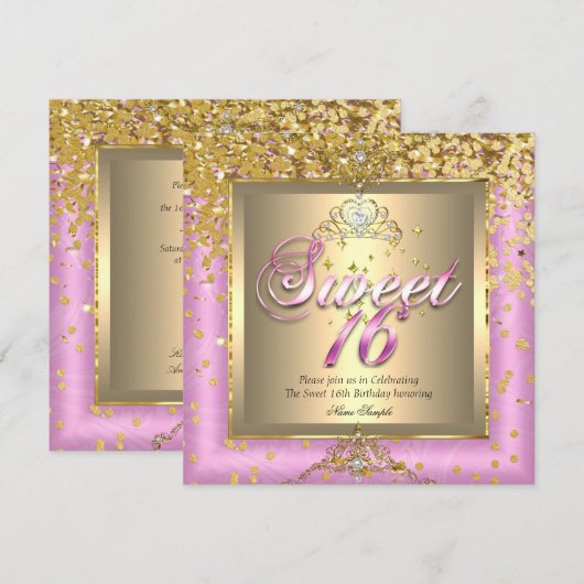プリンセス スイート16 ゴールド ピンク 誕生日パーティー 招待状 (正面/裏面)
