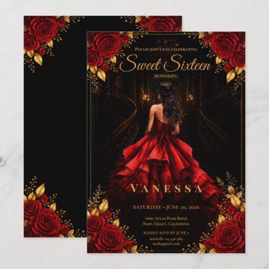 プリンセス スイート16 レッド ゴールド 招待状 (正面/裏面)