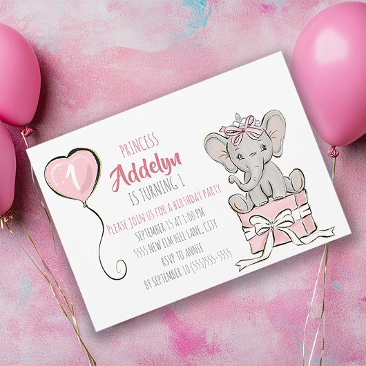 プリンセス・ティアラ・エレファント・ピンクバルーン 1歳の誕生日 招待状