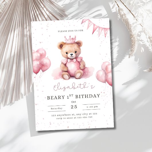 プリンセス テディベア Beary 1st バースデー ピンク 女子 招待状