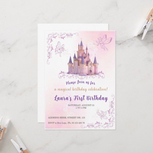 プリンセス テーマの招待状。子供の誕生日パーティー。 招待状 (正面/裏面インサイチュ)