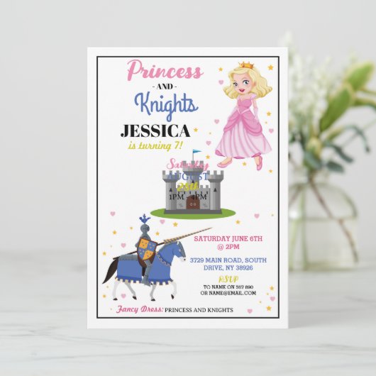プリンセス&ナイトシェアードガール誕生日招待状 招待状 (スタンド正面)