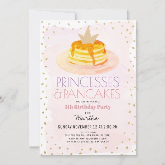 プリンセス&パンケーキピンク金ゴールドガール誕生日 招待状 (正面)