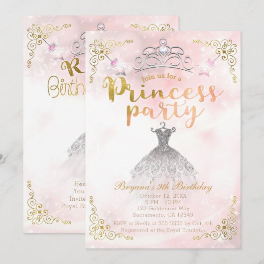 プリンセス・パーティ ピンクスパークル 誕生日パーティ どの年齢でも 招待状 (正面/裏面)