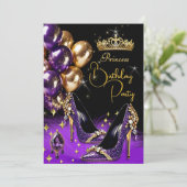 プリンセス パープル グリッター ハイ ヒール ティアラ 誕生日 招待状 (スタンド正面)
