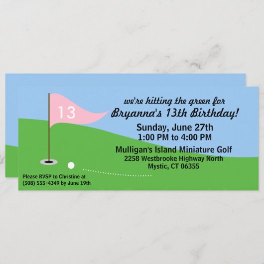 プリンセス·ピンクがグリーン·ゴルフの誕生日パーティーにヒット 招待状 (正面/裏面)
