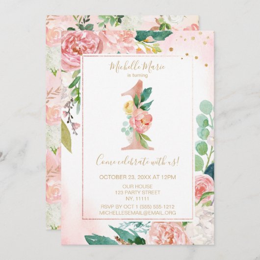 プリンセス ピンクとゴールドの花柄ファーストバースデー 招待状 (正面/裏面)