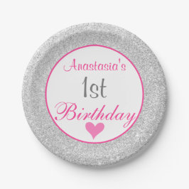 プリンセス ピンク&シルバー グリッター 1歳の誕生日 ペーパープレート