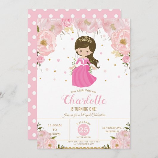 プリンセス ピンク フローラル 1歳 誕生日パーティー 招待状 (正面/裏面)