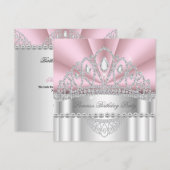 プリンセス ピンク ホワイト ダイヤモンド ティアラ 誕生日パーティー2 招待状 (正面/裏面)