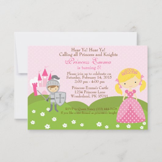 プリンセス(ブロンド)および騎士誕生日の招待 招待状 (正面)