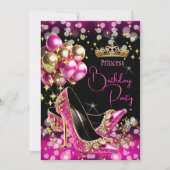 プリンセス ホット ピンク グリッター ハイ ヒール バースデー 招待状 (正面)