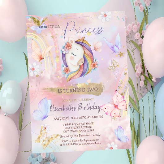 プリンセス ユニコーン 蝶 虹 誕生日 招待状
