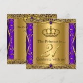 プリンセス レガル パープル ヒョウ柄 21歳の誕生日パーティー 招待状 (正面/裏面)