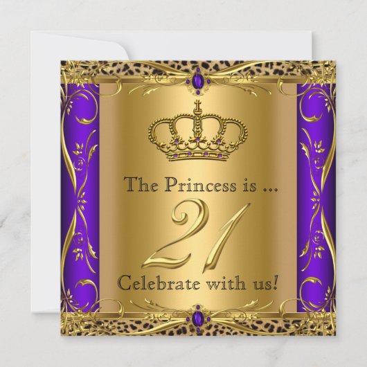 プリンセス レガル パープル ヒョウ柄 21歳の誕生日パーティー 招待状 (正面)