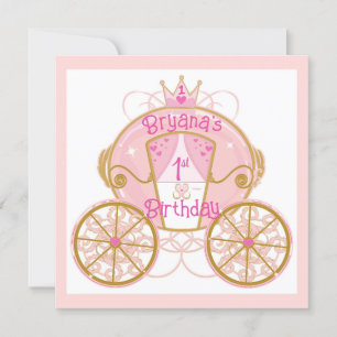 プリンセス+ロイヤル+キャリッジ+ピンク+1歳+誕生日+パーティー 招待状