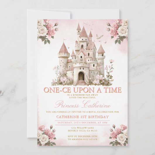 プリンセス・ワンセ・アップオン・ア・タイム 1歳の誕生日 キャッスル 招待状 (正面)