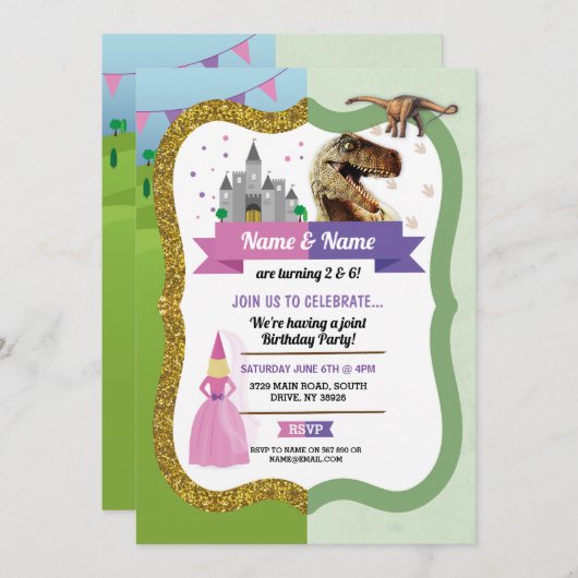 プリンセス&恐竜ボーイガール誕生日ディノキャッスル 招待状 (正面/裏面)