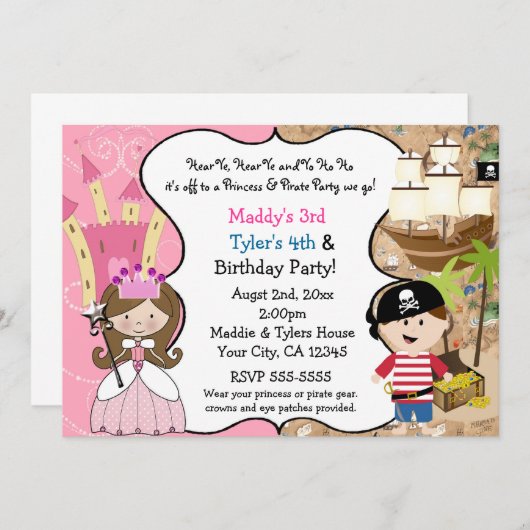 プリンセス&海賊パーティの招待状ブラウンヘア 招待状 (正面/裏面)