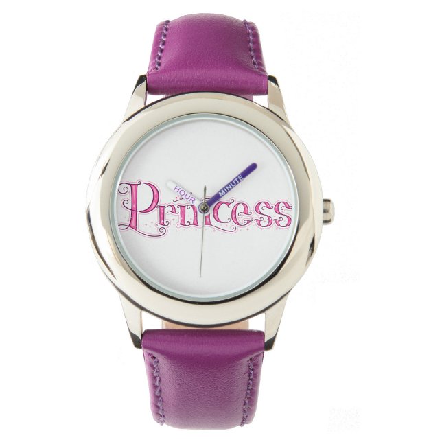 プリンセス 腕時計 (A wristwatch with a silver case and a purple leather band, with the word "Princess!)