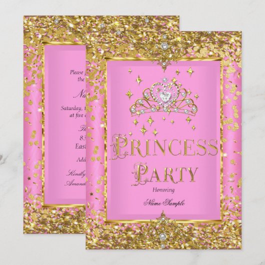 プリンセス 誕生日パーティー ピンクゴールド ティアラ 招待状 (正面/裏面)