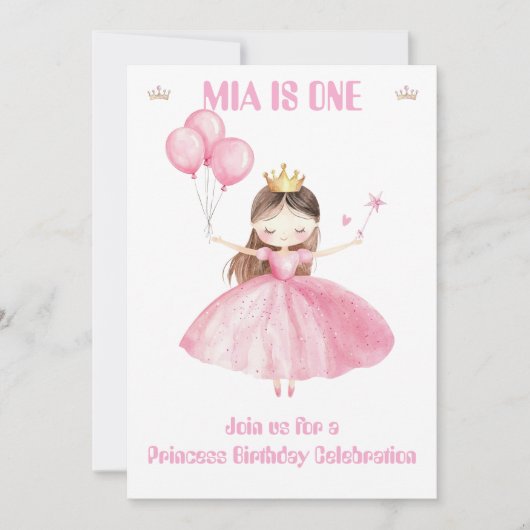 プリンセス 1歳の誕生日招待状 女の子 👑 招待状 (正面)