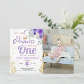 プリンセス 1歳の誕生日 フォト クラウン ライラック パープル 招待状 (スタンド正面)