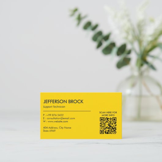 プリンタの修復ビジネス | 黄色の白のバーコード 名刺 (スタンド正面)