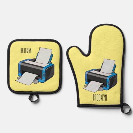 プリンタの漫画イラストレーション 鍋つかみ&鍋敷きセット (正面)