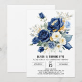 プリンタルブルーフローラルバースデー 招待状 (正面/裏面)