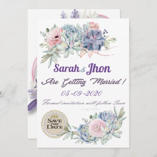 プリンターで印刷できるパープル ラベンダー 花の「Save the Date」カード 招待状 (正面/裏面)