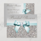 プリントされたシルバー シークイン ティール ボウ イメージ ブライダル シャワー 招待状 (正面/裏面)