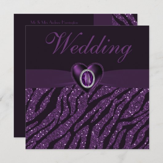 プリントされたジュエルハート&ゼブラグリッター結婚ズ 招待状 (正面/裏面)